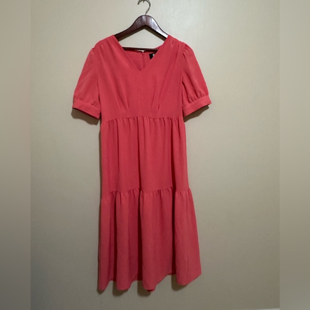 DKNY Coral-Pink V-Neck Tiered Midi Dress